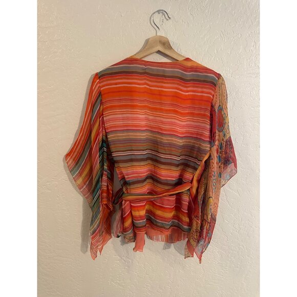 Bohemian Colorful Floral & Striped Flowy Kimono Style Semi Sheer Wrap Top - Picture 6 of 8